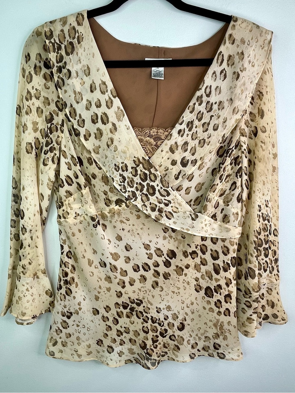 Beige and Brown Leopard Print Silk Wrap Blouse 3/4 Bell Sleeves Size 12